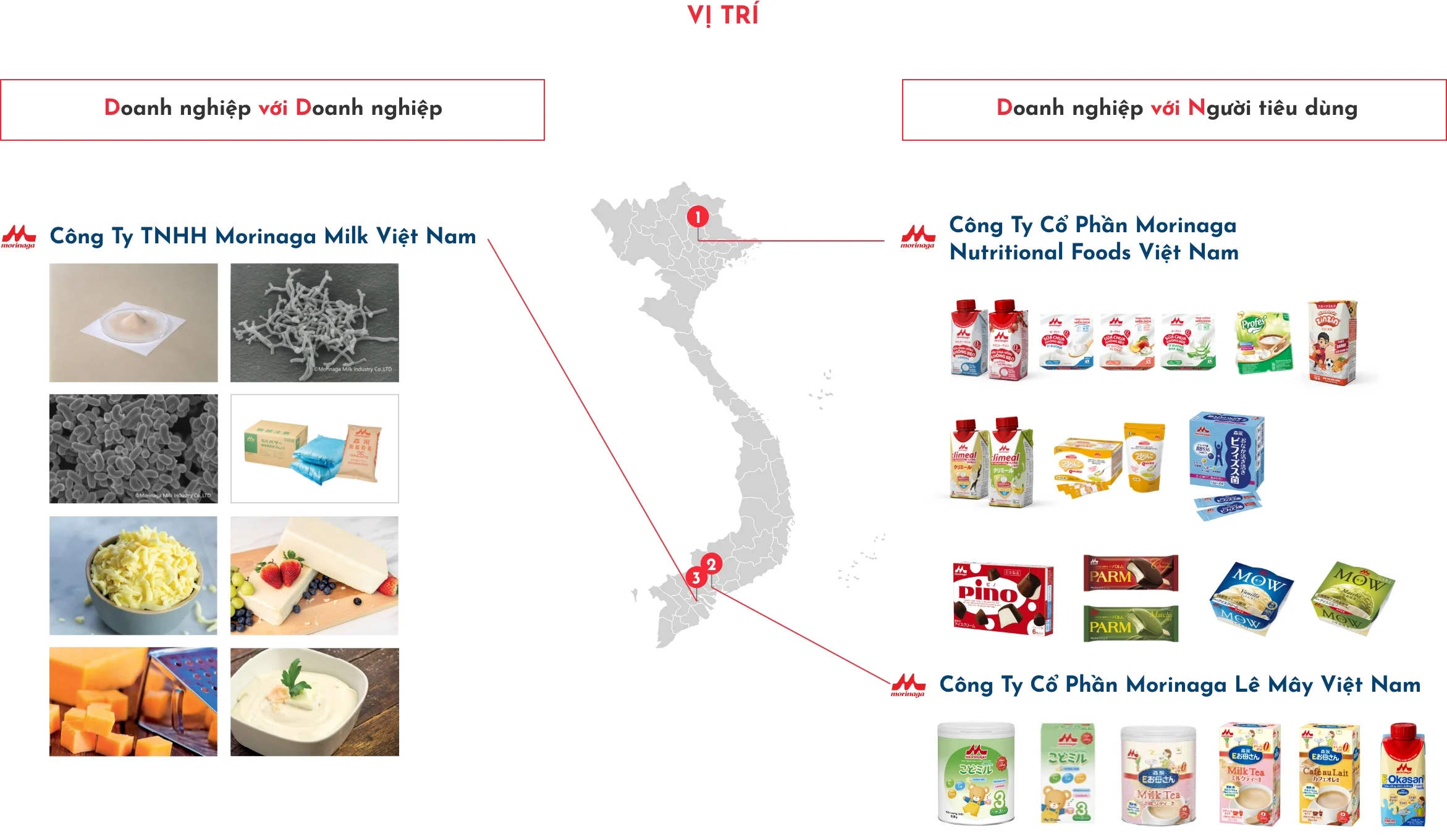 Vị trí Doanh nghiệp với Doanh nghiệp Công Ty TNHH Morinaga Milk Việt Nam Doanh nghiệp với Người tiêu dùng Công ty cổ phần Elovi Việt Nam Công Ty Cổ Phần Morinaga Lê Mây Việt Nam